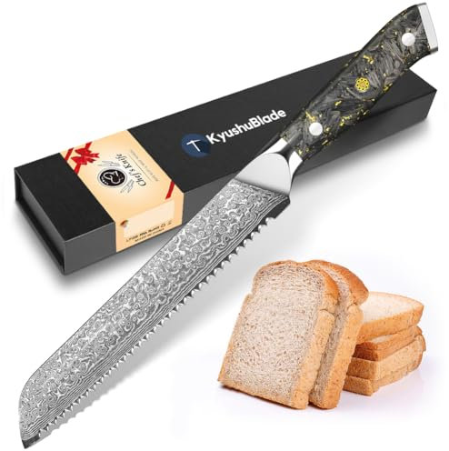 kyushublade Bread Knife, 8 Inch Damascus Serrated Knife, Professional Kitchen Knifes High Carbon Steel 67 Layers Cooking Knifes for for Slicing Bread, Bagels, Cake