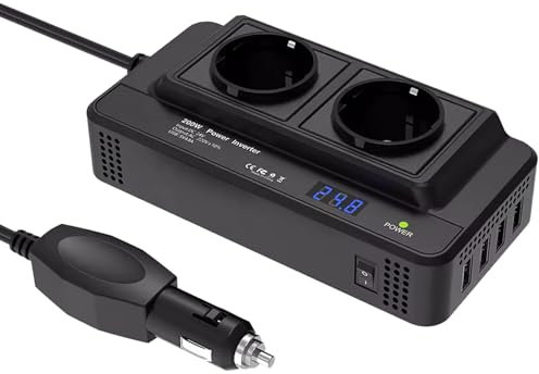 Beatific 200W KFZ Spannungswandler Wechselrichter DC 12V auf AC 230V mit 2 Steckdosen und 4 USB Anschluss, KFZ Ladegerät mit Zigarettenanzünderstecker für Auto Reisen Laden von Handys, Laptops Geräten