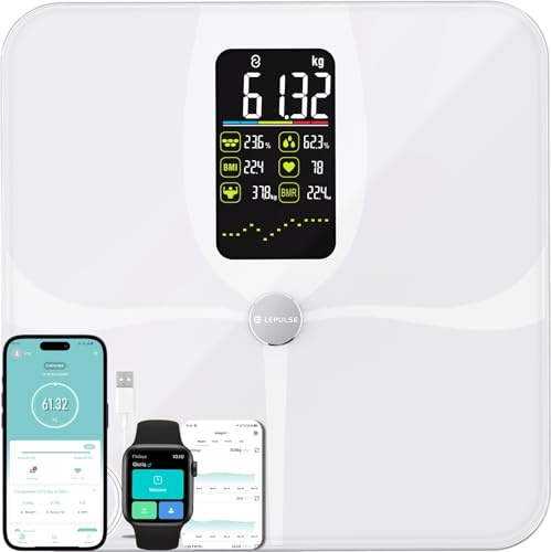Lepulse Smart Scales for Body Weight Body Fat Scales with Large Display and Trend, Rechargeable Body Fat, Muscle Mass & BMI, High Accurate 22 Body Composition Scales Bluetooth with App, White