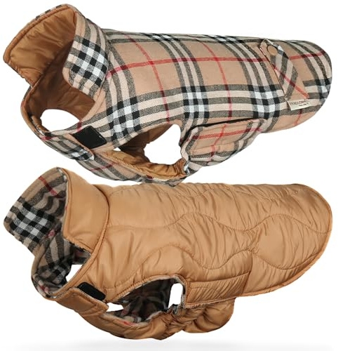 VIVAGLORY Hundemantel Softjoy Wintermantel Hundejacke, XL, Khaki | Hundejacke mit Bauchschutz & Geschirr Öffnung für Weihnachten & Winter, Kariert Warm Fleece Verstellbar Softshell für Hund