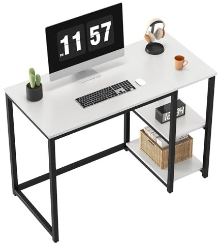 WOHOMO Computer Desk with 2-Tier Shelves 100cm Small Home Office Desk with Large Storage Space Sturdy Modern Gaming Desk for Bedroom Study Writing Laptop Table, White