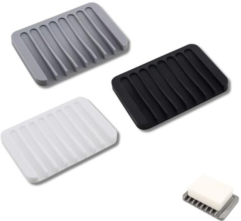 Lot de 3 porte-savon en silicone avec écoulement - Porte-savon - Sans perçage - Pour salle de bain, cuisine, compteur, lavabo