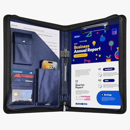 NEWYES Porte Document A4 en Cuir Synthétique Avec Fermeture Éclair - Conférencier Élégant, Portfolio Cadeau pour Homme/Femme, Idéal pour le Bureau et les Voyages (Bleu)