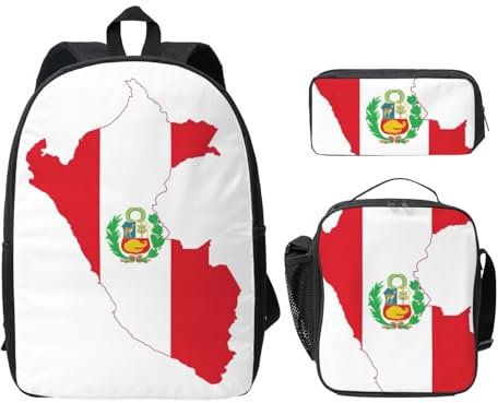 JEJEA Rucksack mit Peru-Flagge, 3-teilig, mit Lunchbox und Federmäppchen, leichter Schulrucksack, Schwarz , One size