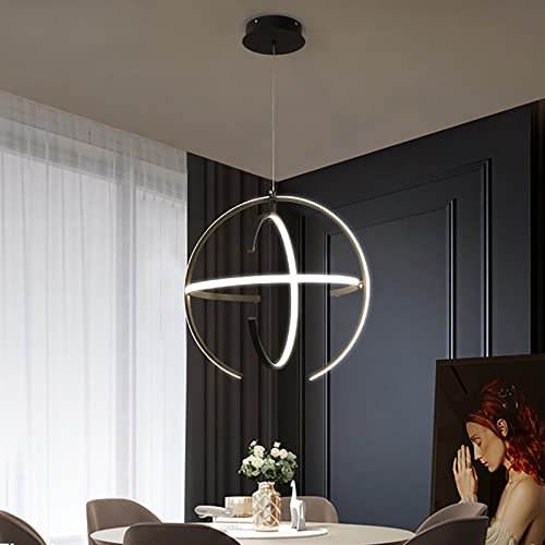 WFRUEDWC Contemporary Acrylic Hanging Light for Dining Kitchen Bedroom Livingroom,Modern LED Chandelier 3 Rings,Globe Dimmable Pendant Light Fixtures-Black 45x45cm(18x18inch)