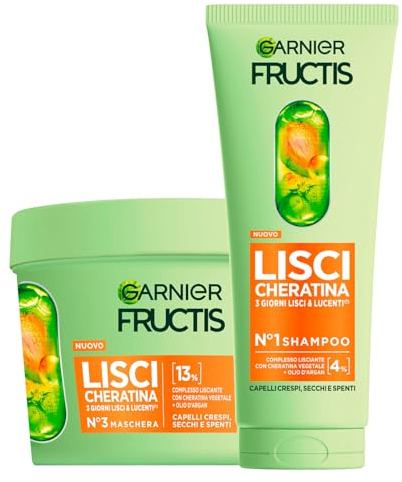 Garnier Fructis Keratin Sleek Pflegeset mit Shampoo und Maske Mit Arganöl und Keratin-Sleek Komplex für Trockenes und zu Frizz Neigendes Haar- Set mit 2 Stück