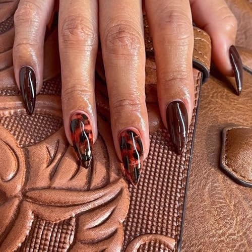 SXVME Brown False Nails with Leopard Design, Acrylic Press on Nails Medium Almond Amber Pattern Full Cover Coquette Fake Nails Press ons for Women 24 Pcs