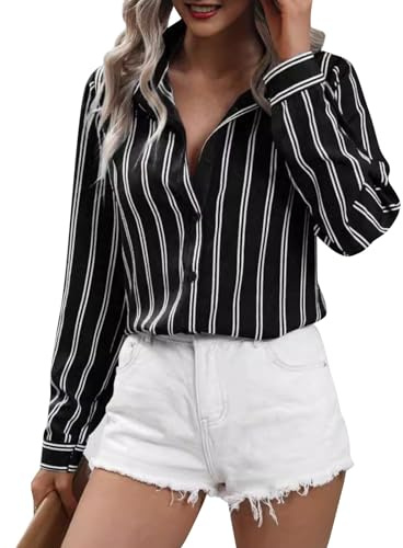 Chemise Femme Chic et ÉLégant Manches Longues Chemisiers à Rayures | avec Boutons Décontracté Blouses pour Le Bureau et Col Relevé Business Tops