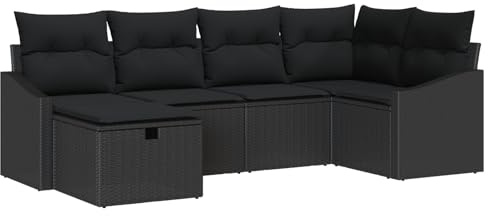 vidaXL 6-teiliges Gartensofa-Set mit Kissen in Schwarz aus Poly-Rattan, Stauraum, für draußen, modulares Sitzmöbel, Terrasse, Couch, Lounger, Sofas, Patio im Sommer