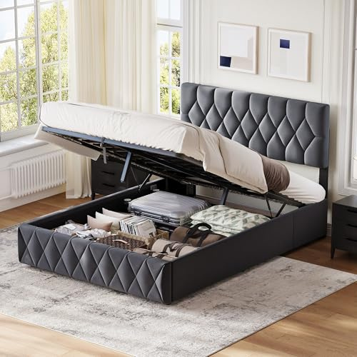 Besbed Ottoman King Bed Frame, 5ft Upholstered Storage Bed with Slats and Headboard, Velvet Fabric,Without Mattress (Grey, 150 x 200 cm)