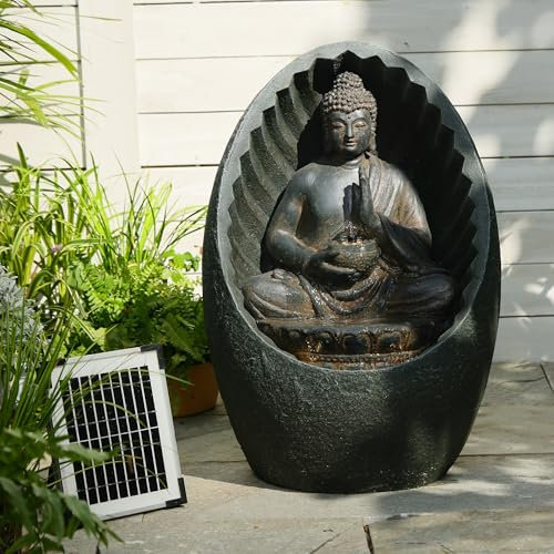 Bumilgar 40 CM Garden Solar Water Features, Zen Buddha Water Fountain Outdoor and Waterfalls with Lights for Patio, Backyard, Deck, Porch and Home Art Decor, Black