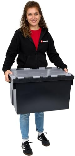 Plastor Pack of 1 - Plastic 65 Litre Heavy Duty Storage Boxes (60 x 40 x 36.5cm) Black Crates with Grey Attached Hinged Lids