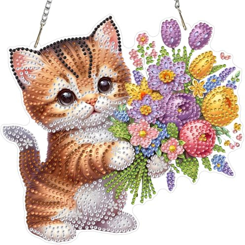 MXJSUA Diamond Painting Anhänger mit Kette Erwachsene, Diamant Painting Fensterbilder Hängende Ornament Bastelset Set für Wand Und Eingang Decor 20x20CM （Blumen Katze）