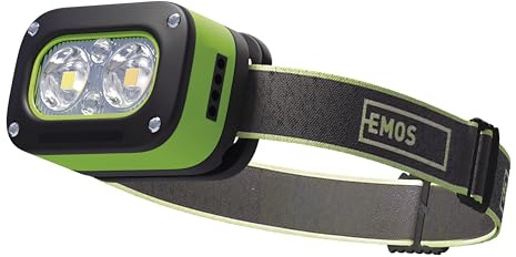 EMOS - aufladbare Stirnlampe mit Bewegungssensor und 5 Leuchtmodi - Helligkeit 175lm, Leuchtweite 50m, Leuchtdauer 4,5 h - wetterfest, stoßbeständig - Li-pol Akku 800mAh - Outdoor - schwarz/grün