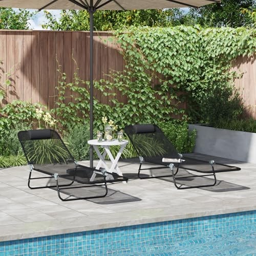 JHQHSM 2 Stück Klappbare Sonnenliege mit Kopfstütze Schwarz Textilene, Ergonomische Faltbare Liege für Garten und Pool, Robuster Stahlrahmen mit Verstellbarer Rückenlehne, Outdoor