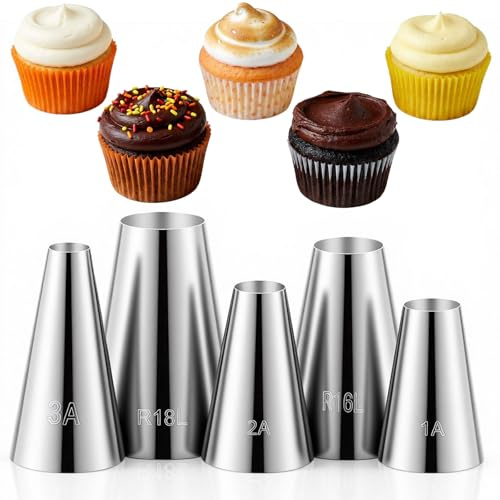 5 Pcs Large Round Piping Tips Set, Stainless Steel Cake Decorating Nozzles for Frosting, Icing, Cupcakes, Cakes, Cookies, Macarons & Pastry Decor, Professional Baking Tools(1A, 2A, 3A, R16L, R18L)