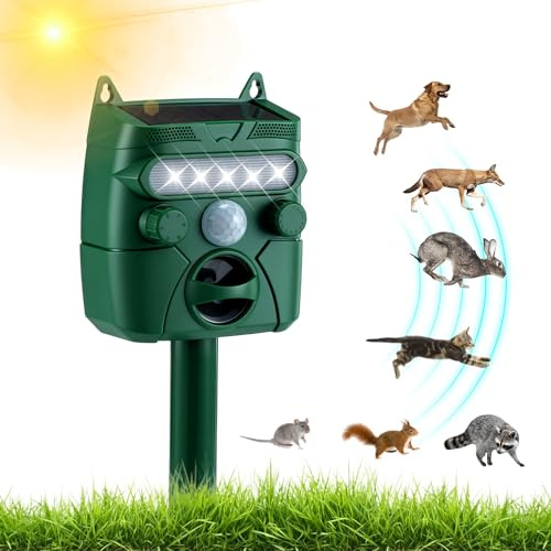 Repulsif Chat Exterieur, Solaire Repulsif Chat Ultrason avec Détecteur, Flash, Piquet de Sol Effaroucheur Animaux Ultrasons Étanchéité IP45 avec 5 Modes pour Jardin Chien Oiseau Souris