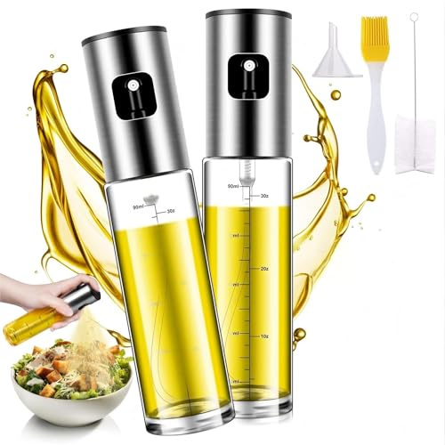 PUWOWYE 100 ML Spray Aceite Cocina, 2 Piezas Pulverizador Aceite Spray Antigoteo de Vidrio con Embudo, Espray para Aceite Libre BPA para Cocina, Freidora de Aire, Barbacoa, Ensalada