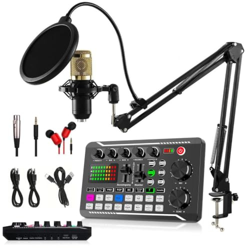 Podcast Microphone Bundle, BM-800 Condenser Mic with F998 Live Sound Card Kit, Podcast Equipment Bundle with Voice Changer and Mixer Functions for PC Smartphone Studio Recording and Broadcasting