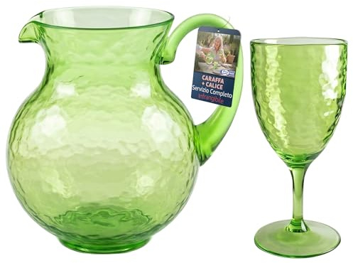 Sicignano Servizio per 6 Persone Caraffa e Calici 430ml in Acrilico Martellato, Set Colore Verde, Vetro Infrangibile