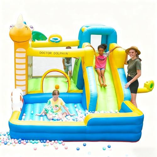 GartistGo Inflatable Bounce House for Kids, Dinosaur Themed Bouncy Castle with Slide, Ball Pit and Climbing Wall, Jumping Castle with Blower for Backyard, Party, Garden Play Centre (A-Dinosaur)