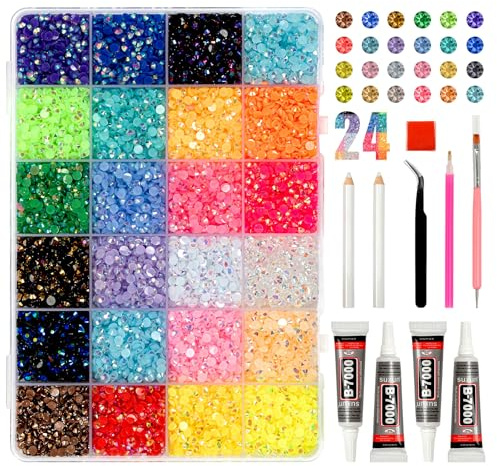 24 Colors 16000 Pcs 4mm Flatback Rhinestone Bedazzling Kit with Glue | Rhinestones bedazzle kit for Decorating Clothing Shoes Nail Book Diamond Art Crafting