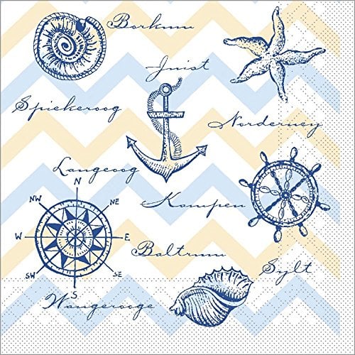 Sovie HORECA Tissue Serviette MARITIM 33 x 33 cm, 1/4 Falz, 100 Stück – Papierservietten mit maritimen Motiven in Hellblau & Beige – Leuchtturm, Anker, Muscheln, Seestern
