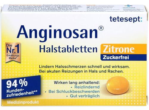 tetesept Anginosan Halstabletten Zitrone zuckerfrei lindern Halsschmerzen bei akuten Reizungen in Hals und Rachen, 20 St. Tabletten