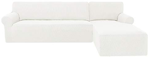 subrtex Sofabezug L Form Stretch Sofahusse Ecksofa Elastisch Eck Stretch-Sofabezug Eckcouch überwurf Weich Stoff Abwaschbar (Rechts 2 Sitzer, Creme)