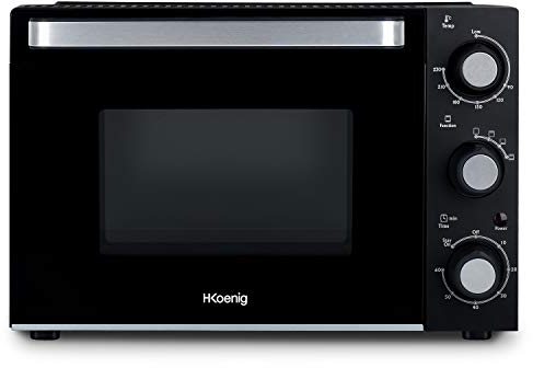 H.Koenig Mini Four 20L Electrique FO20 Posable Compact Multifonction Performant 1400W Programmable 4 modes de cuisson, 230°, Minuteur 60 min, Porte en Verre double vitrage, Plaque cuisson antiadhésive