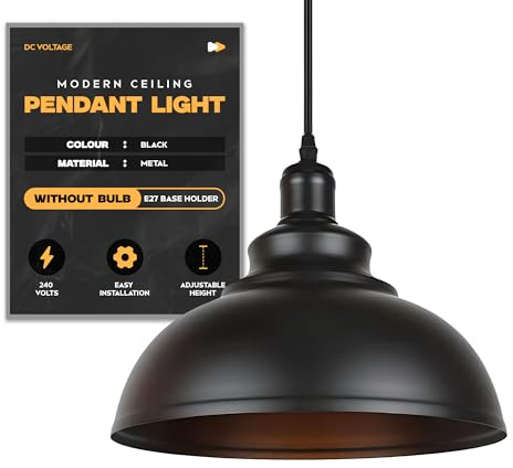 DC VOLTAGE Ceiling Pendant Light Black Metal 29cm Shade | Adjustable Cable | Modern industrial design | Easy fit E27 compatible | Adjustable hanging cord | Durable metal construction | Heavy duty grade