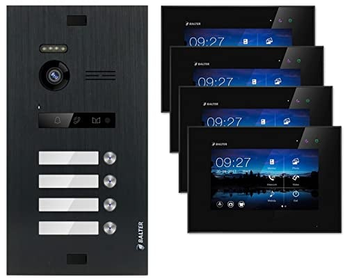 Nonic Balter EVO Video-Türsprechanlage Set 4 Familienhaus (1x Türstation mit Kamera Schwarz, 4X Touchscreen 7 Zoll LCD-Monitor Schwarz, 2-Draht Bus, 150° Kamera, Türöffner, Interkom)