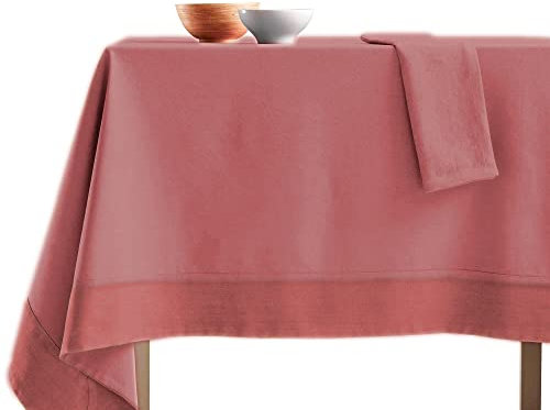 Tischdecke aus Baumwolle mit Rand aus Leinen, StoneWashed, bügelfrei, Loira