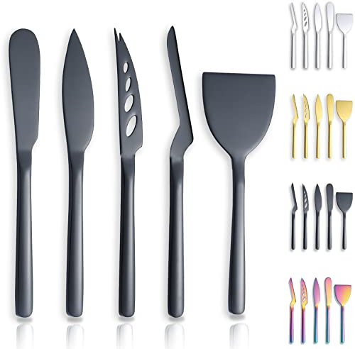 Berglander Käsemesser 5-teiliges Set, geeignet für alle Käsesorten, Edelstahl Käsemesser Schneidemaschine, ergonomisches Design, geeignet zum Greifen und Schneiden, Butterstreuer（Schwarz）
