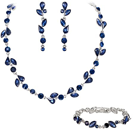 EVER FAITH Kristall Schmuck-Sets elegante Marquise- und Runde- Schliff Strass Blatt Halsketten, Ohrringe und Armband-Set für Damen Saphir-Blau Silber-Tone