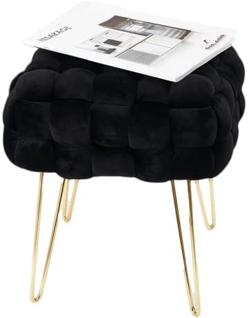 Zedelmaier Moderner Velvet Kosmetik Hocker, Quadratisch Ottoman-Fußhockermit goldfarbenen Metallbeinen, Gepolsterte Sitzhocker,Strick Samt Hocker (Schwar, 38x38x41.5cm)