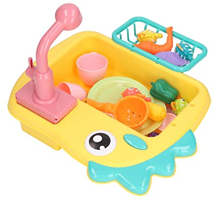 Keenso 2 in 1 Play Kitchen Sink Toys with Running Water Automatic Faucets Pretend Dinosaur Fishing Toys