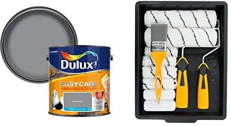 Dulux 5293135 Easycare Washable & Tough Matt Emulsion Paint For Walls And Ceilings - Natural Slate 2.5L & Coral 10501 Paint Kit with Headlock and Mini Roller Frame and Hybrid Brush, Set of 12 Pieces