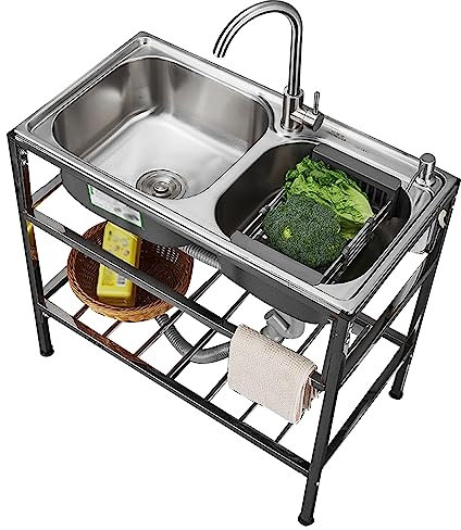 Doble Tazón Comercial Fregadero Fregadero de la cocina, fregadero de acero inoxidable fregadero con grifo de pie para el jardín restaurante cantina lavandería garaje interior lavabo al aire libre