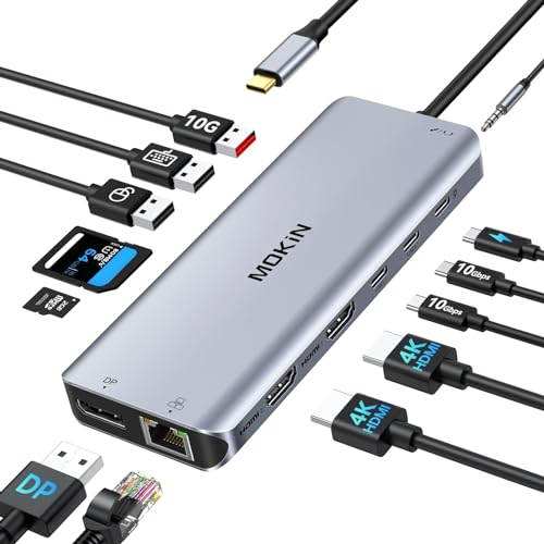 Docking Station USB C Triple Display Dockingstation Dual HDMI Displayport, USB C Hub 2 Monitor Display Port Multiport Adapter Con 2 4K HDMI DisplayPort, RJ45, USB 3.1 10Gbps USB C Dock für Dell HP
