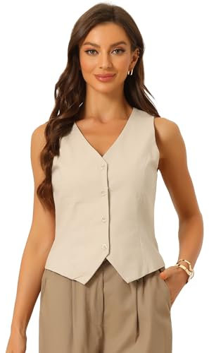 Allegra K Donna Gilet per Gilet Estivo Senza Maniche con Bottoni E Scollo A V Gilet Blazer Cachi M