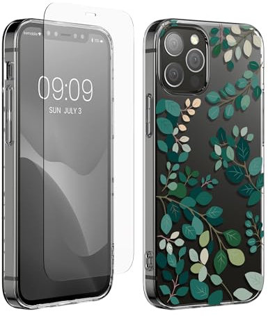 kwmobile Hülle kompatibel mit Apple iPhone 12 / iPhone 12 Pro Handyhülle - Silikon Case transparent - Mit Glas Schutzfolie - Frühlingsblätter Grün Transparent