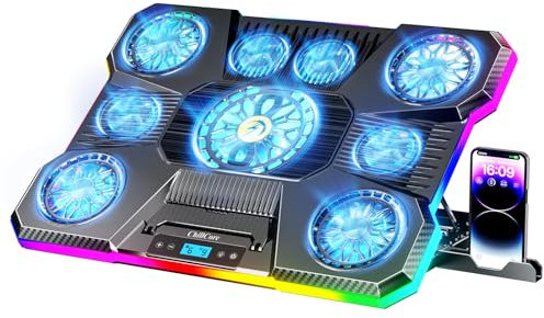ChillCore Almohadilla de refrigeración para laptop, luces RGB, 9 ventiladores para portátiles de 15.6 a 19.3 pulgadas, almohadilla de refrigeración para computadora portátil para juegos con 8 soportes