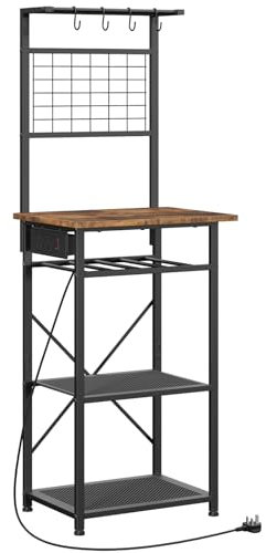 MAHANCRIS Bakers Rack, Microwave Stand with Power Outlet, Coffee Bar Station with Wine Rack and Hooks, Kitchen Storage Shelf, 2 AC Outlets and 1 Power Switch, Rustic Brown and Black ABRHR23KE01