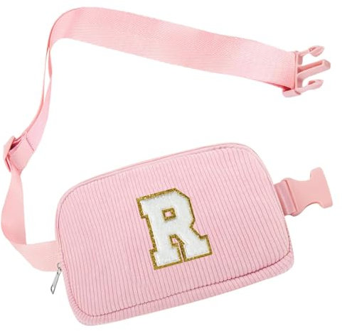 Personalisierte Initialen Bauchtasche, Cord-Crossbody Bag Damen Rosa Brustbeutel Gürteltasche Umhängetasche, Schultertasche Brusttaschen für Reise Fahren Wandern, Geburtstag Geschenk für Mädchen(R)