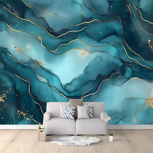 WHUOEUCO Papier Peint Bleu Marbre 400x280 cm Papier Peint Panoramique Effet 3D, Peinture Murale intissé Grande, pour Moderne Salon Chambre TV Fond