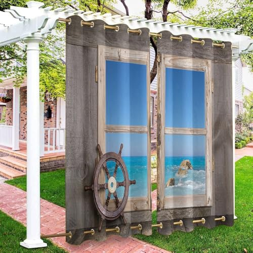 Hiseng Rideau Exterieur Impermeable 2 Pièces, 3D Paysage de Fenêtre Occultant Pergola Jardin Exterieur Rideaux, Oeillets en Haut et Bas, Terrasse Rideaux pour Porche (Gouvernail,101x213cm)