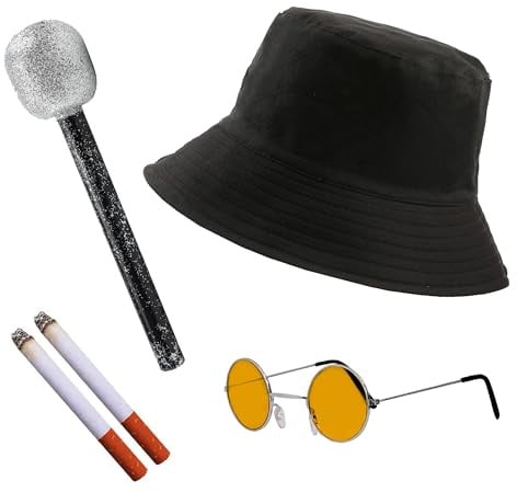 Adults Rock Band Accessory Set - Black Bucket Hat, Round Orange Glasses, Microphone, 2 Fake Cigarettes - Adults 4-Piece Music Best of British Party Fancy Dress Costume Accessory Set