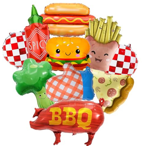 10 Stück BBQ Picknick Cookout Lebensmittel Brokoli Hinterhof Grill Themed Folienballons Hot Dog Würzige Pommes Frites Handschuh für Picknick Snacks Babyparty Geburtstag Party Dekorationen Supplies