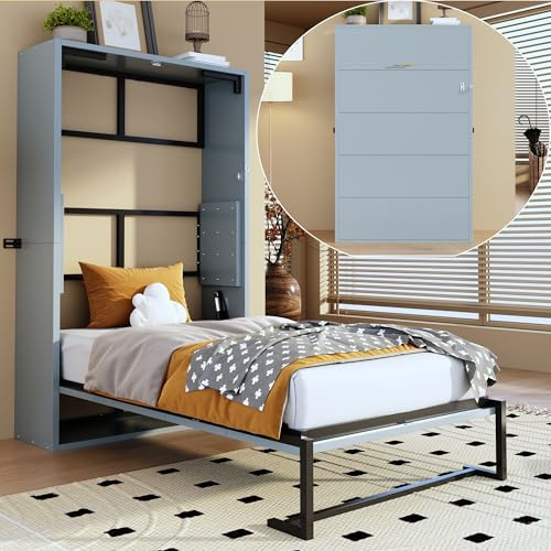 Soweiz Cama Murphy, cama plegable de pared, cama plegable 90x200 Combinación de marco de metal y placa de madera, con fijación a la pared con cerradura, cama robusta y silenciosa, cama multifuncional